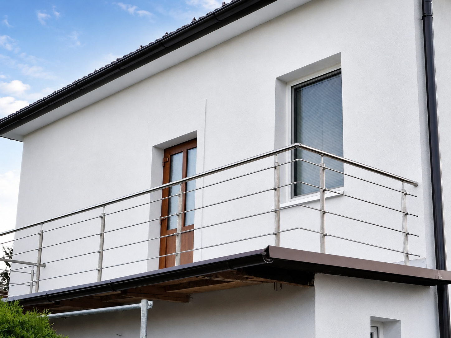 Nerezové zábradlí s vodorovnou výplní na balkoně moderního rodinného domu
